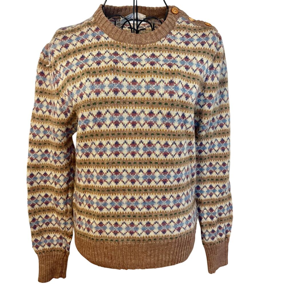 Vintage Y2K Aubergine Wool Nordic Fair Isle Pullover Sweater w/ Shoulder Buttons